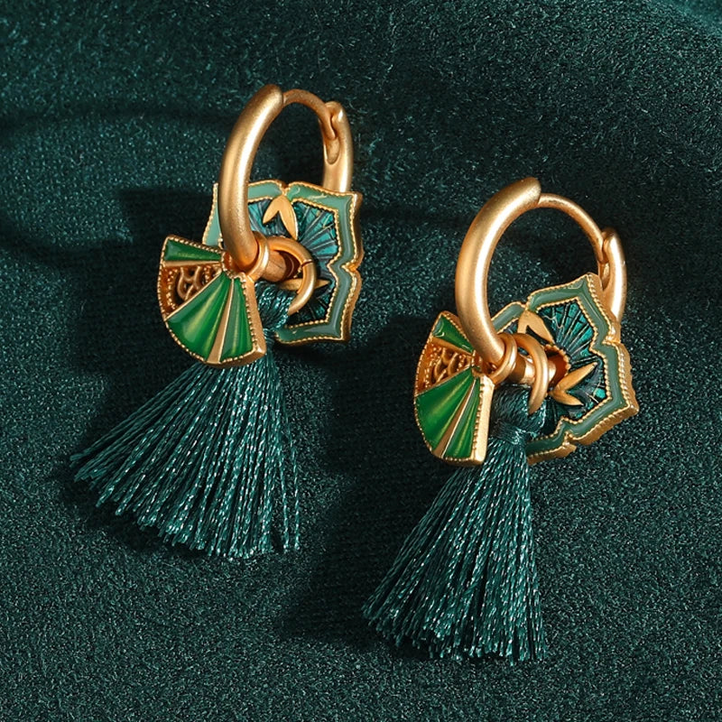Green Enamel Tassel Hoop Earrings – Retro Boho Revival