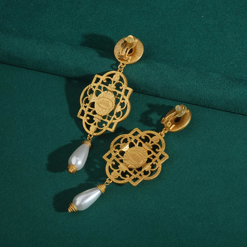 Victorian Palace Red Glaze Drop Earrings – Long Pearl Chandelier Clip-Ons