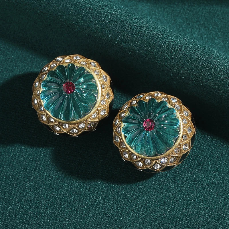 1950s Retro Hollywood Pumpkin Blue Earrings – Glazed Resin & Rhinestone Studs