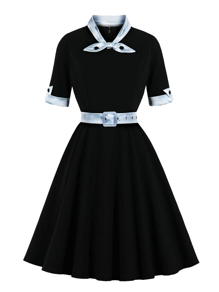 Elegant Vintage Style Belted Swing Dress - Multiple Colors!