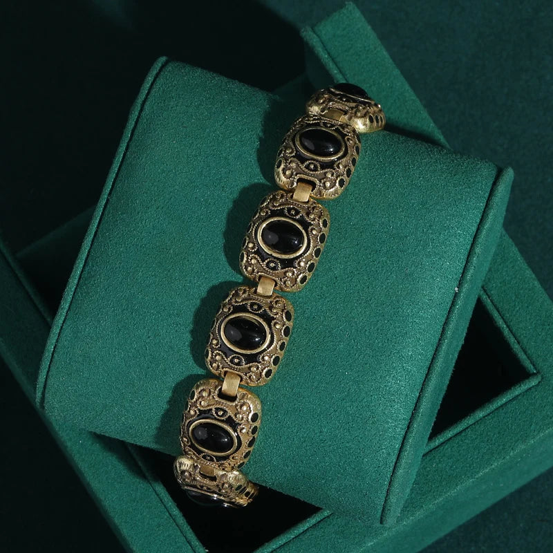 1920s Art Deco Black Agate Bracelet – Gold-Plated Oval Bangle