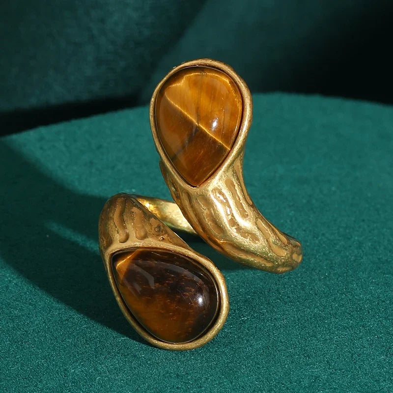 Vintage Double Teardrop Tiger's Eye Gold Plated Open Ring - Natural Stone Inlay