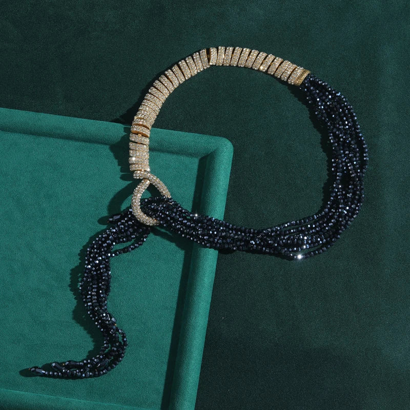 Art Deco Sculptural Rhinestone Choker – Black Beaded Flame Pendant Statement Necklace