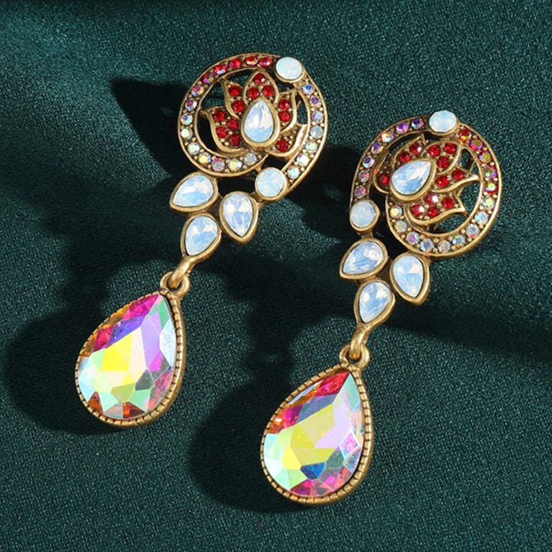 Vintage Aurora Borealis Crystal & Leaf Drop Earrings - Antique Gold & Rhinestone Accents