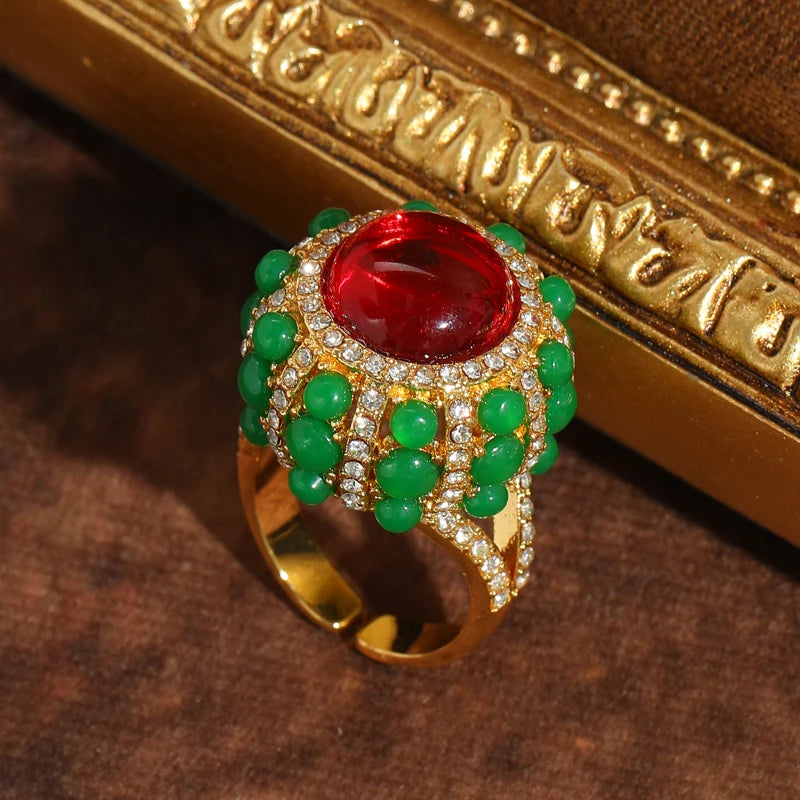 Vintage Red Agate & Green Glaze Gold-Plated Statement Ring – Adjustable