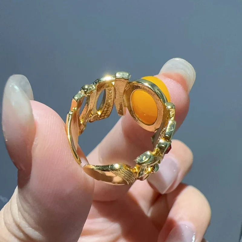 Art Deco Amber Teardrop Ring – 18K Gold-Plated