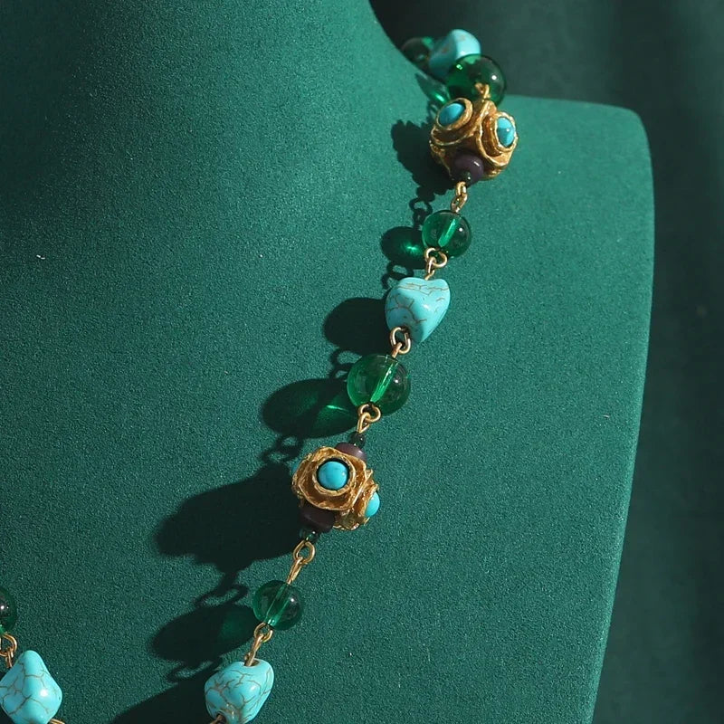 Green Crystal & Turquoise Pendant Necklace – Bohemian Garden Glam