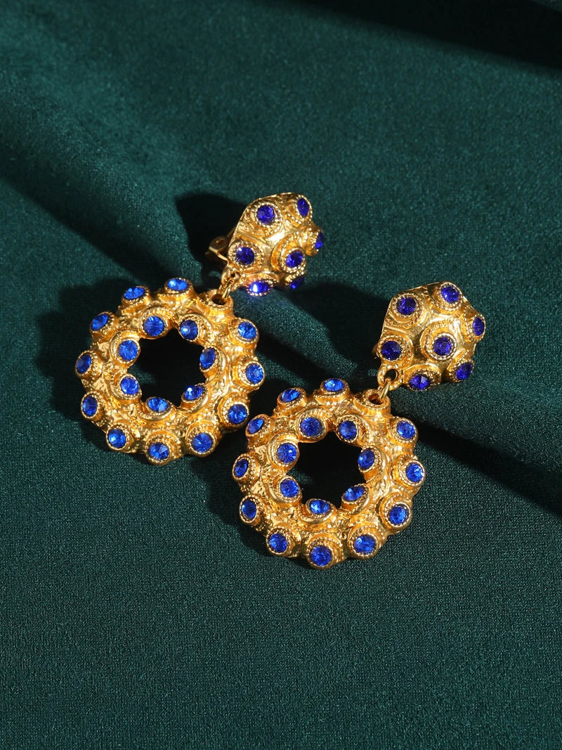 80s Power Glam Blue Crystal Circle Drop Earrings – Oversized Clip-On Statement Pair