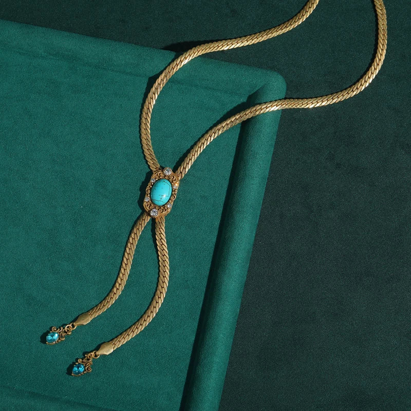 Long Retro Turquoise Pendant Necklace with Tassel