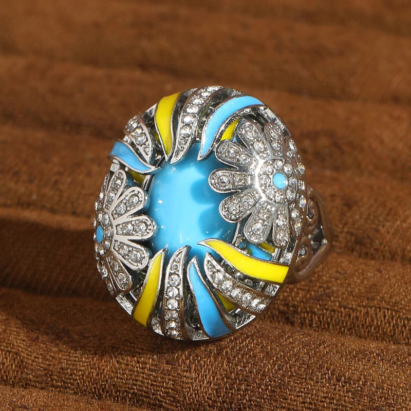 Vintage Enamel Sunburst Cocktail Ring – 18K Gold-Plated