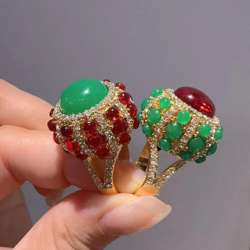 Vintage Red Agate & Green Glaze Gold-Plated Statement Ring – Adjustable