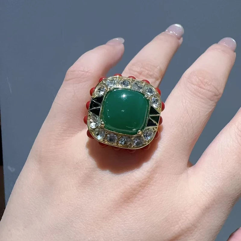 Royal Emerald & Coral Statement Ring – 18K Gold-Plated Copper