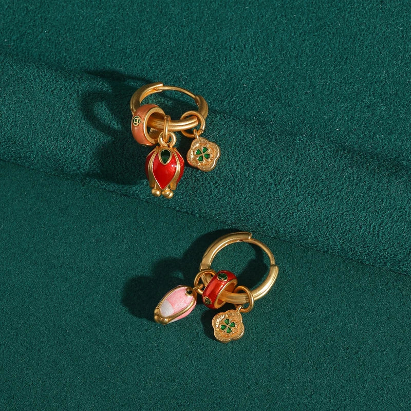 Vintage Gold & Enamel Tulip Drop Hoop Earrings - Natural Stone Accents