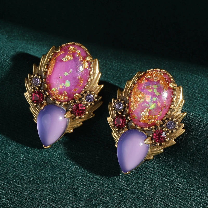 1950s Retro Hollywood Pink & Purple Moonstone Earrings – Foil Flower Waterdrop Studs
