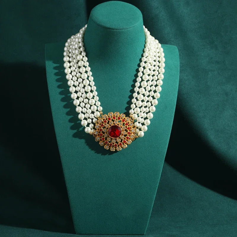 Vintage 5-Layered Crystal Sunflower Necklace with Red Glass Center