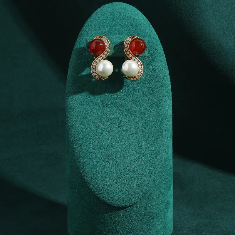 Vintage Red Agate & Pearl Earrings – 1950s Sculptural Cocktail Glam