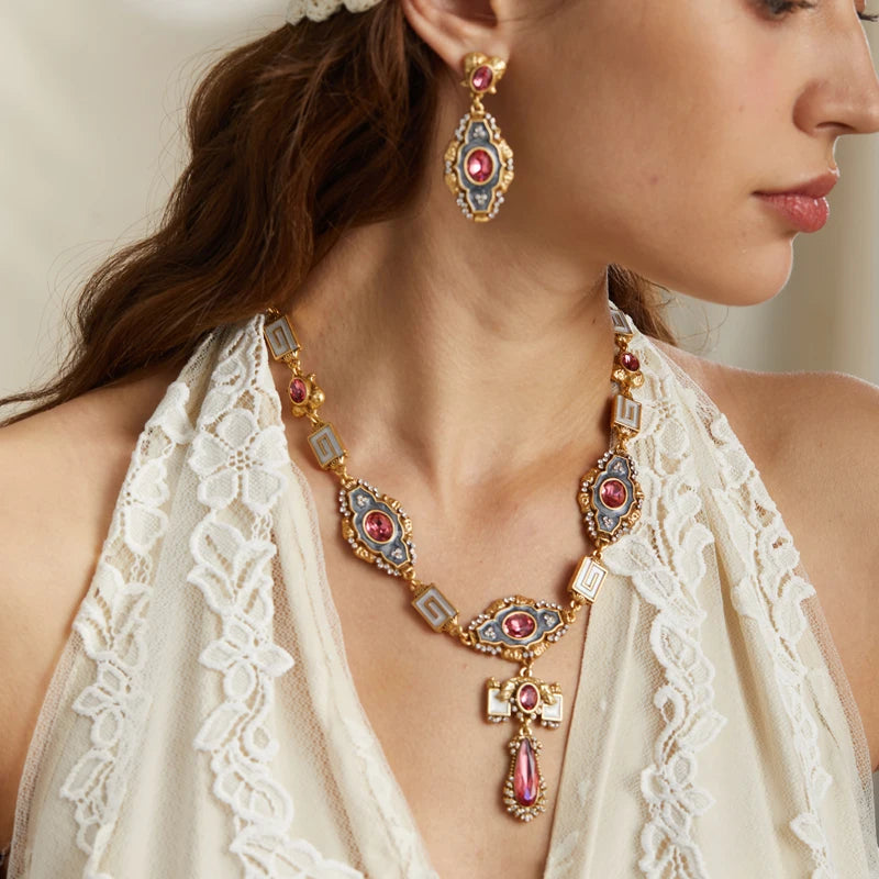 Vintage Palace Pink Crystal Pendant Necklace – 1950s Royal Enamel Glam