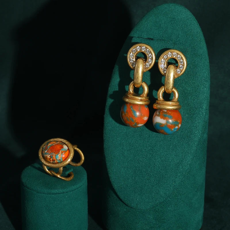 Boho Rococo Nautical Map Jewelry Set – Oval Stone Pendant, Earrings & Ring in Antique Copper