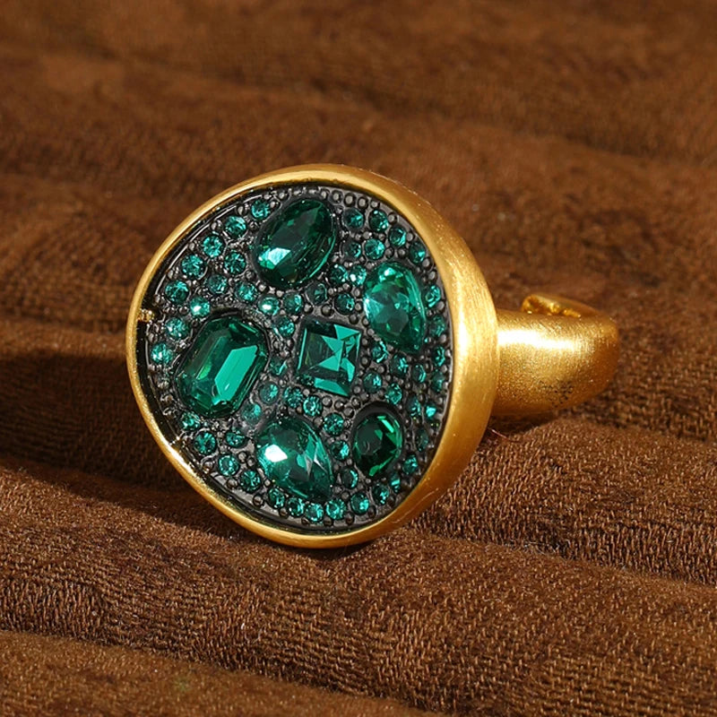 Vintage Green Crystal Starry Disc Gold-Plated Statement Ring – Adjustable