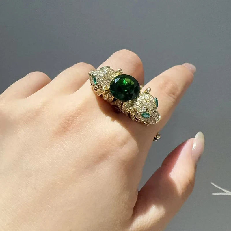 Vintage Double Leopard Gold Plated Ring - Green Crystal & Zircon - Adjustable