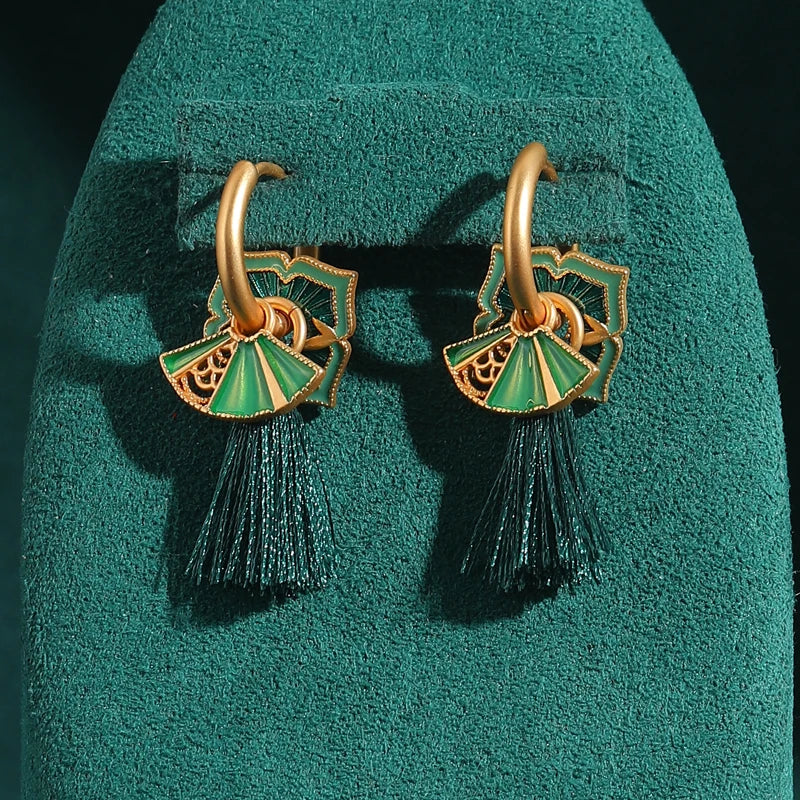 Green Enamel Tassel Hoop Earrings – Retro Boho Revival