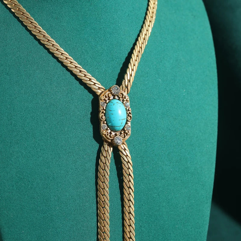 Long Retro Turquoise Pendant Necklace with Tassel