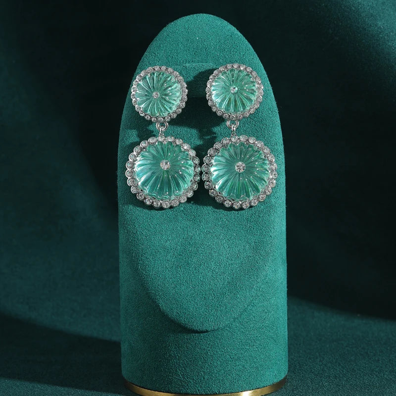 Art Deco Blue Pumpkin Glass Drop Earrings – Transparent Double Sphere Statement Pair