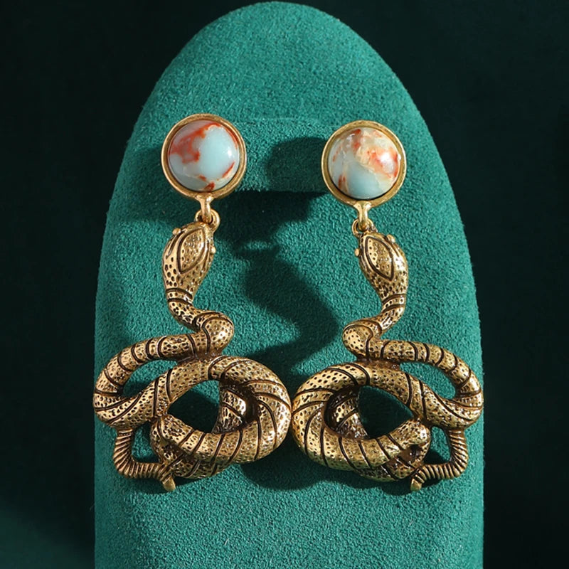 Victorian / Art Nouveau Serpent's Embrace Drop Earrings - Natural Stone & Antique Gold