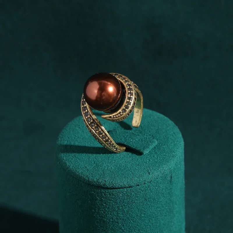 Luxury Vintage Red Copper Brown Pearl Ring