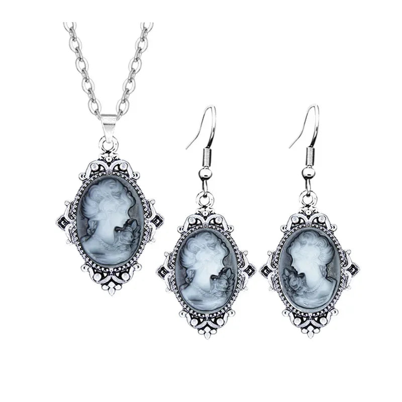 Lady Queen Cameo Jewelry Set – Flower Pendant Necklace & Earrings (1890s Inspired)