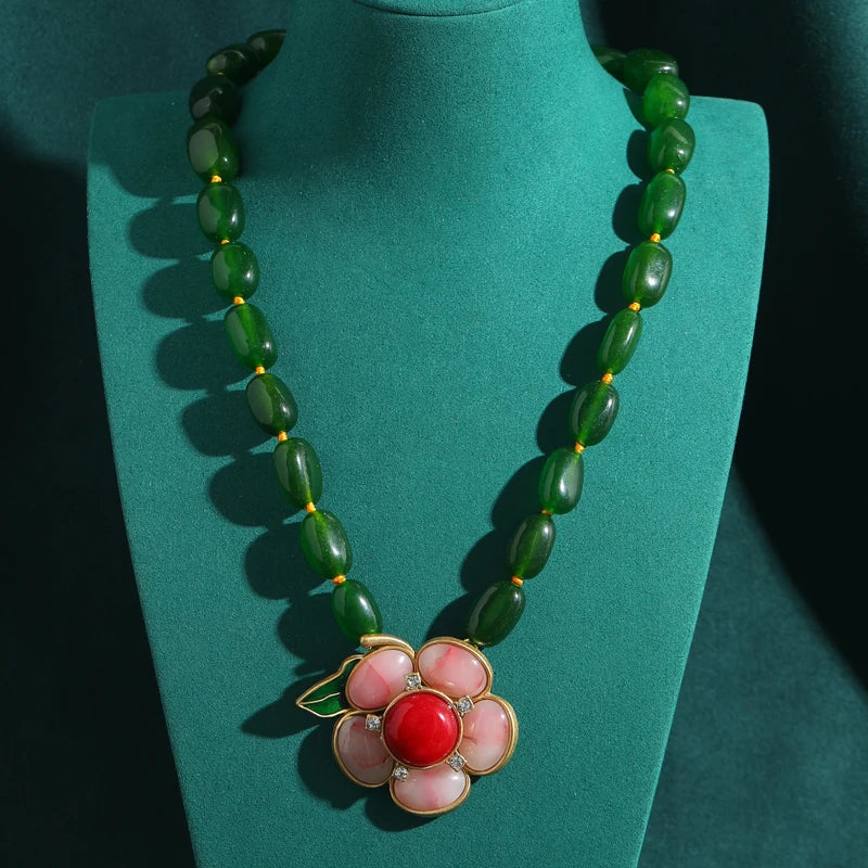Vintage Green Glaze Beaded Necklace with Pink Flower Pendant