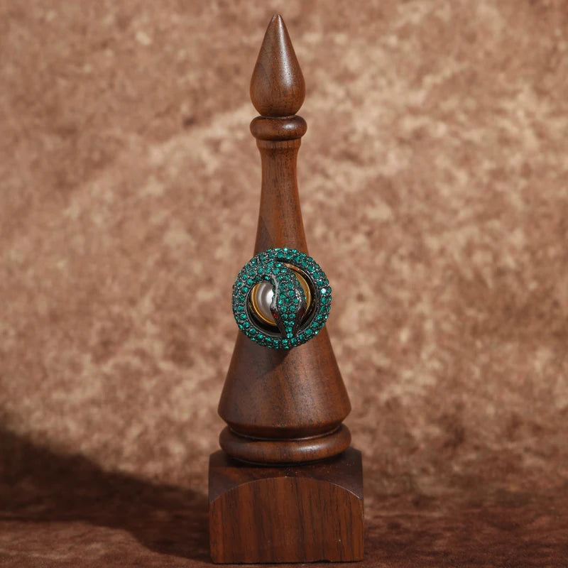 Vintage Green Rhinestone Snake Gold Plated Ring - Natural Stone Inlay