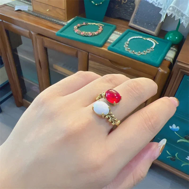 Retro Hollywood Red & White Opal Ring – Oval Double Stone Cocktail Statement