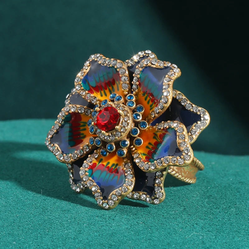 Antique Gold Color Flower Ring – Enamel Bloom Statement
