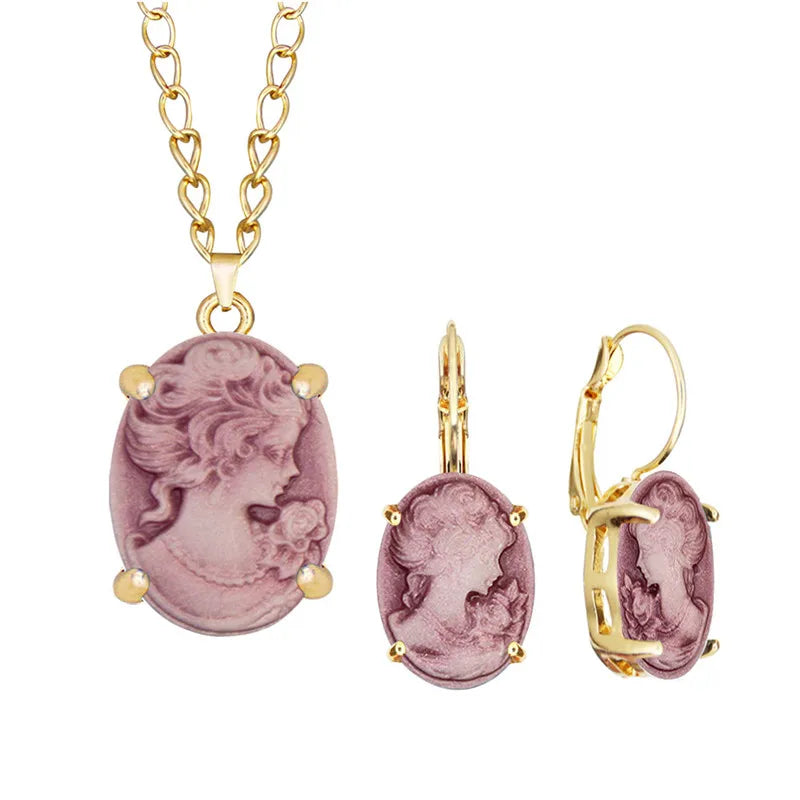 Lady Queen Cameo Jewelry Set – Necklace &amp; Earrings (1890s Inspired)