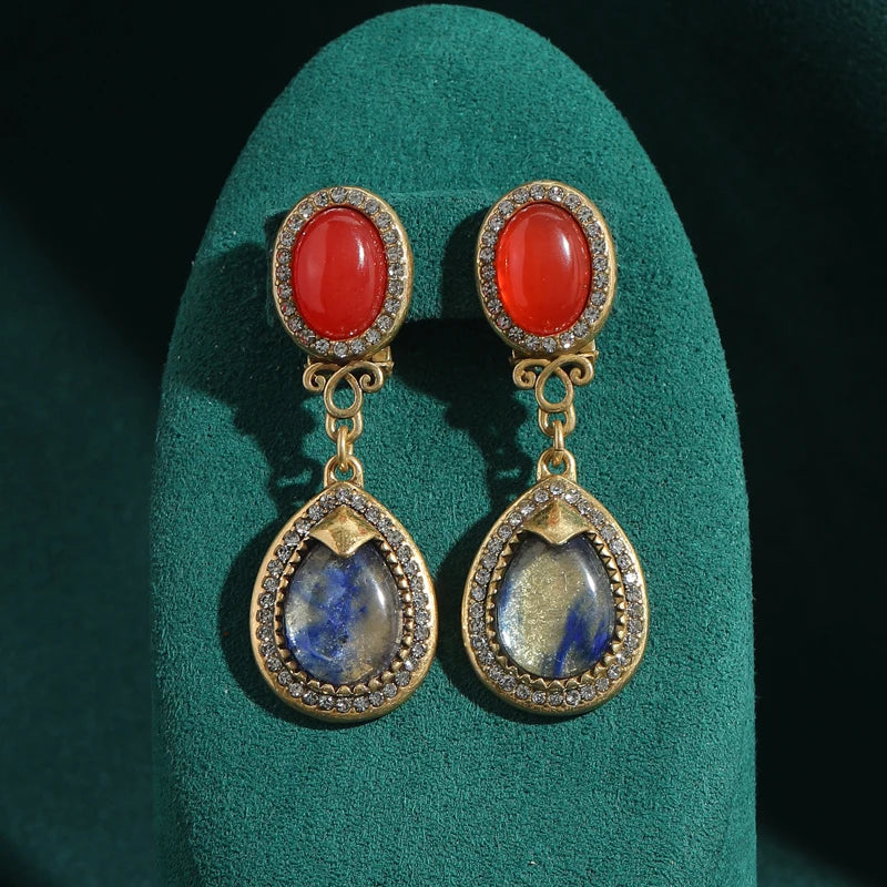 Vintage Duet Drop Earrings: Red Glass & Gradient Opal Cat Eye Stone with Gold Accents