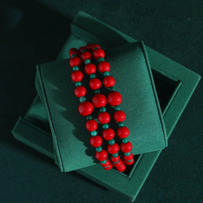 Vintage-Inspired Red & Green Beaded Bracelet – Bohemian Festival Revival