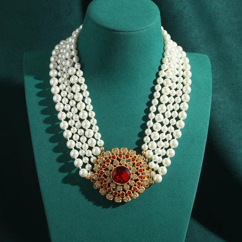 Vintage 5-Layered Crystal Sunflower Necklace with Red Glass Center