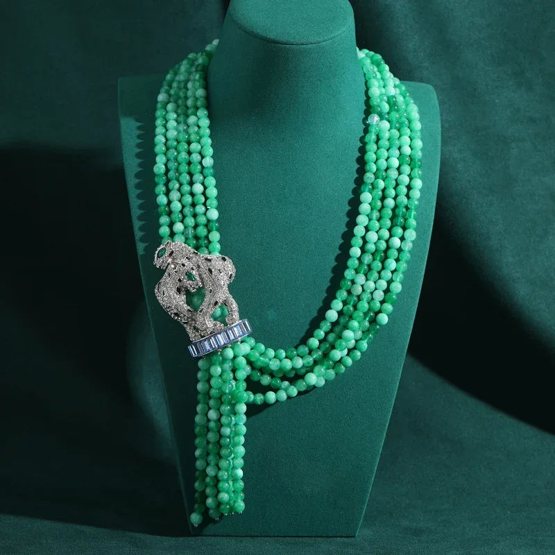 Statement Green Beads Necklace – Leopard Guardian & Crystal Fringe