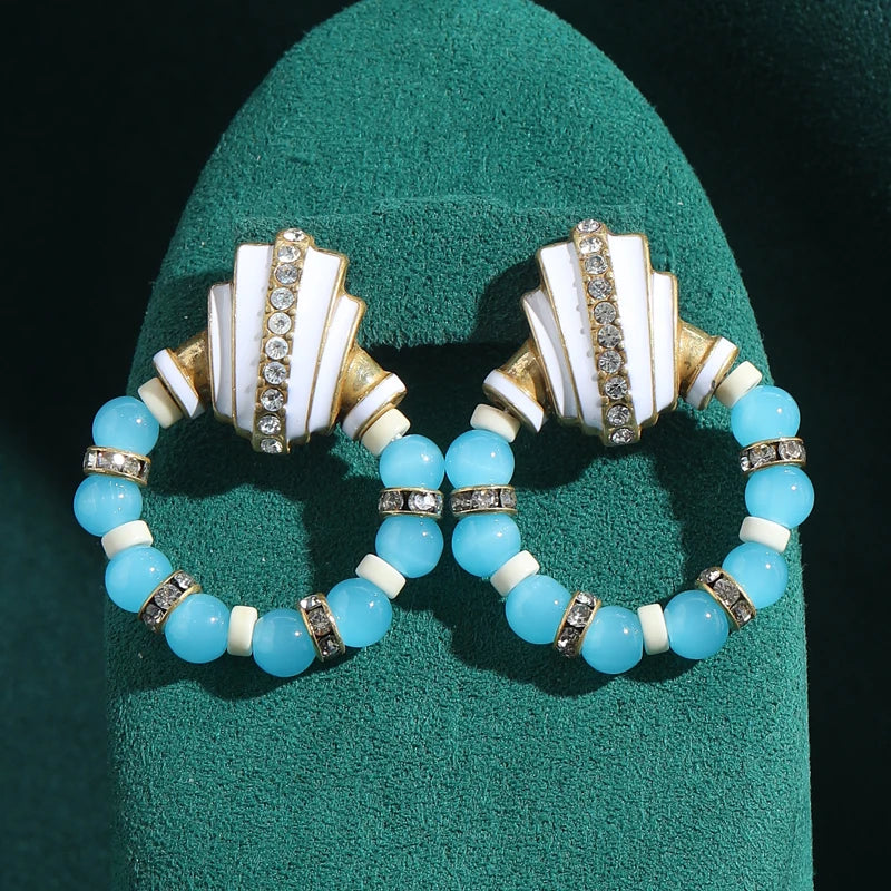 Vintage White Shell & Blue Bead Hoop Earrings - Silver Inlay & Rhinestone