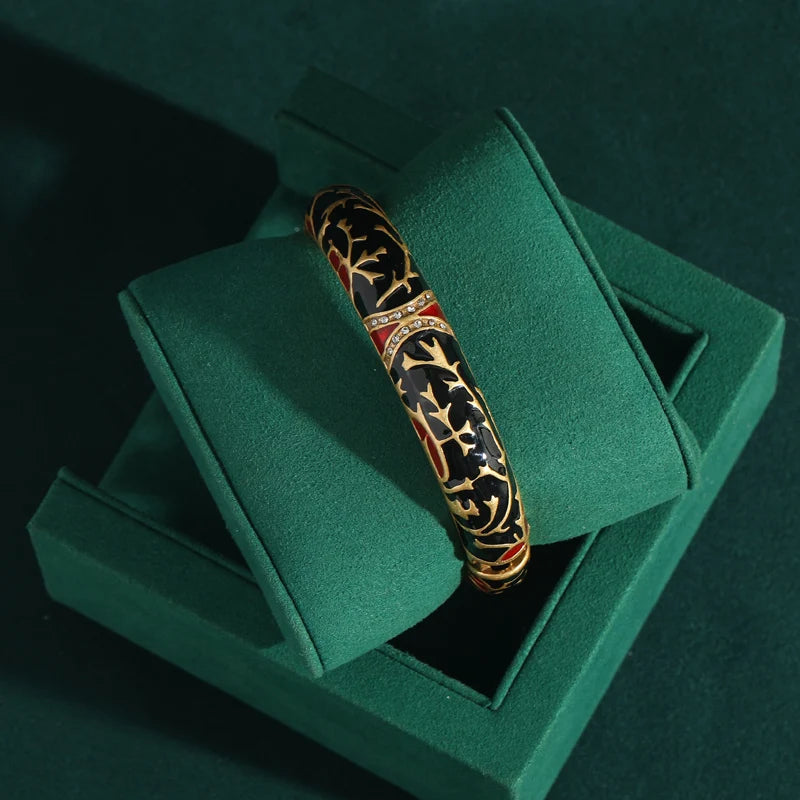 80s Power Glam Leopard Enamel Bangle – Black & Red Animal Print Statement Bracelet