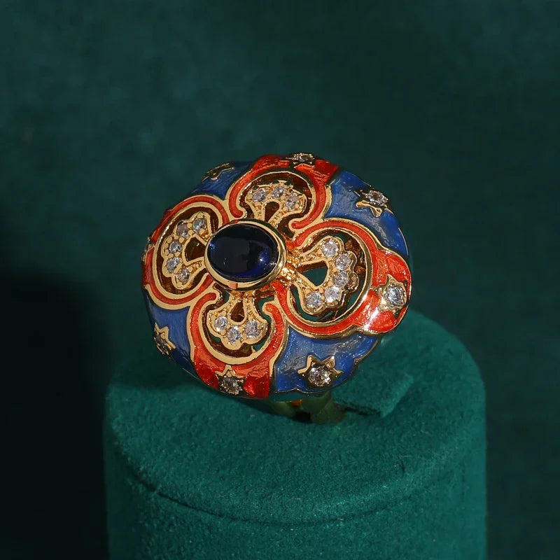 Retro Enamel Floral Ring – Vintage-Inspired European Elegance