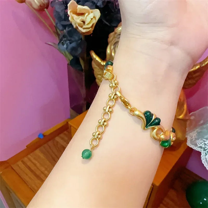 Vintage Green Heart Charm Bracelet – Gold-Plated Adjustable
