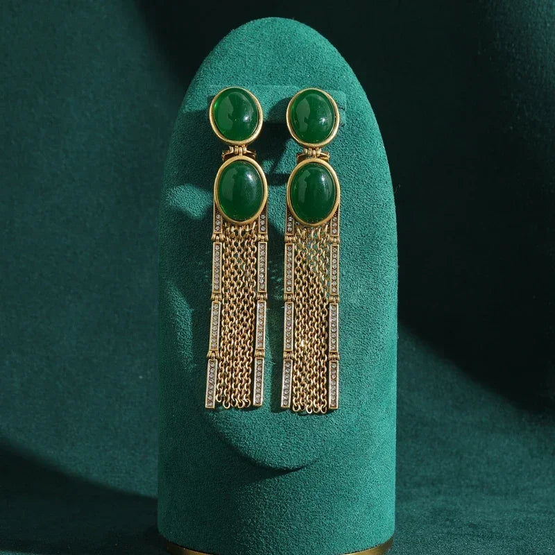 Emerald Isle Grandeur: Antique Natural Green Stone & Gold Tassel Drop Earrings