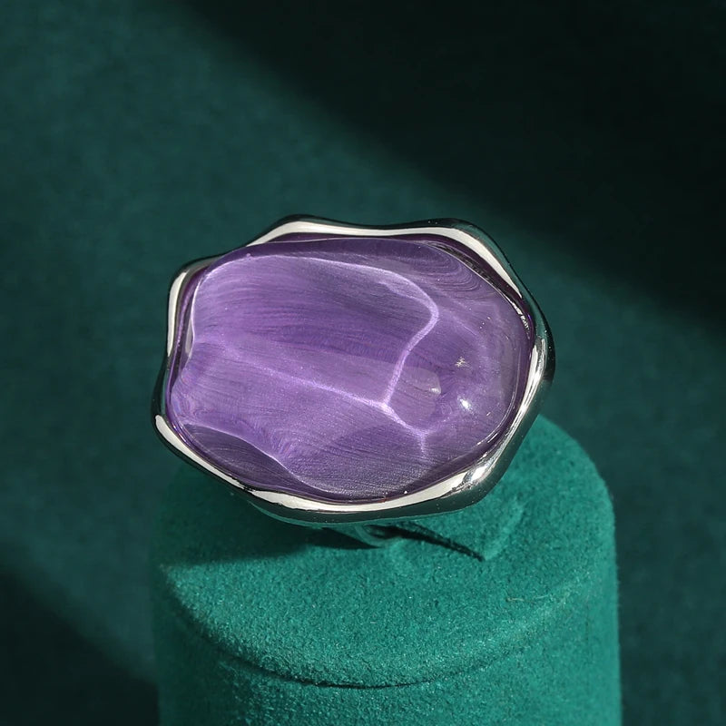 Retro Hollywood Oversized Purple Glass Ring – Sculptural Statement Cocktail Piece
