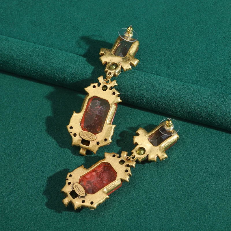 Vintage Watermelon Glaze & Ruby Drop Dangle Earrings