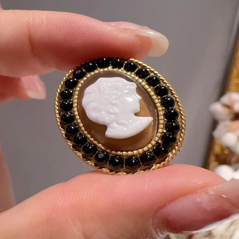 Victorian Black & White Cameo Earrings – Ornate Rhinestone Clip-Ons