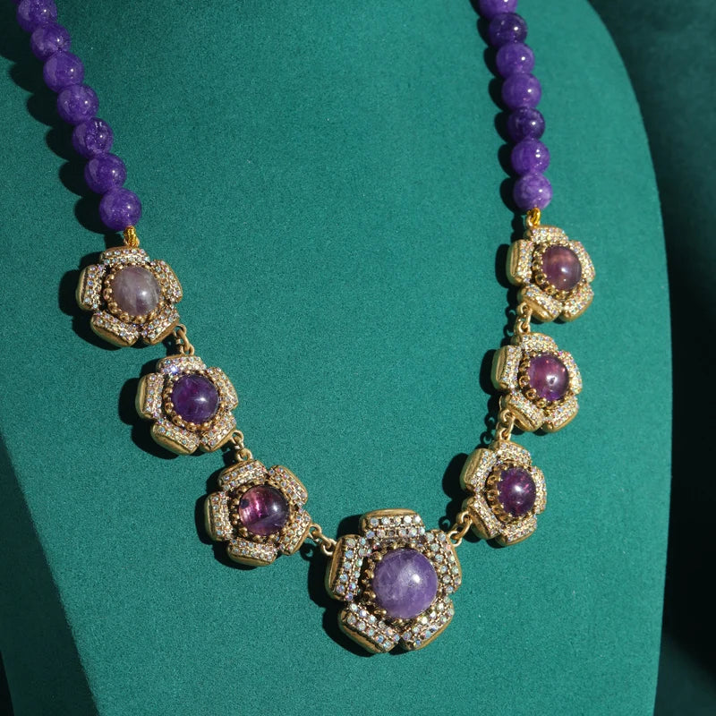 Vintage Purple Glazed Beaded Choker Necklace