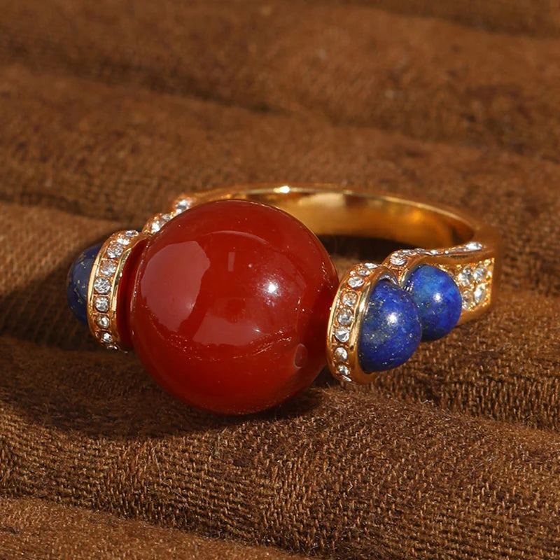 Vintage Carnelian & Lapis Orb Ring – 18K Gold-Plated