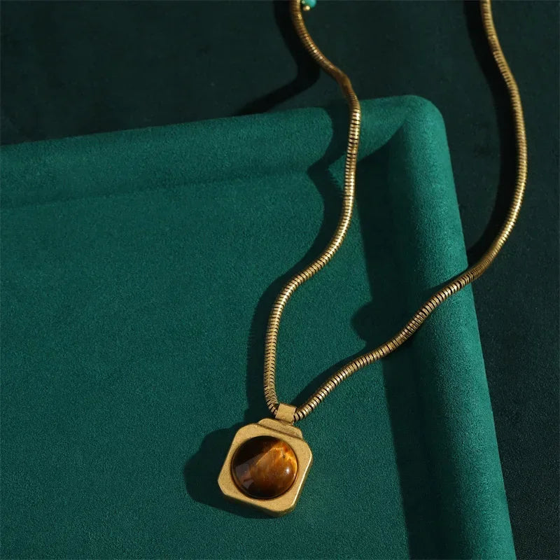 Vintage Square Tiger Eye Pendant Necklace